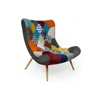fauteuil patchwork tissu multicolore et pieds bois clair ulric