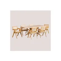 ensemble table à manger rectangulaire bois (180x90 cm) arnaiz et 6 chaises avec accoudoirs en bois style lali bois naturel cm