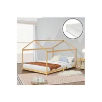 lit cabane vindafjord pour enfant 120 x 200 cm avec matelas sommier à lattes bambou naturel [en.casa]