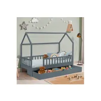 lit cabane enfant 80 x 160 cm neree gris avec 1 tiroir gigogne et de rangement