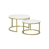 lot de 2 tables basses gigognes rondes style art déco - acier doré panneaux aspect marbre blanc