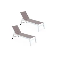 chaise longue - transat sweeek lot de 2 bains de soleil solis en textilène matelassé transats 6 positions structure blanc textilène taupe