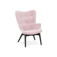 fauteuil à oreilles 'ruben' en velours rose et pieds en bois noir