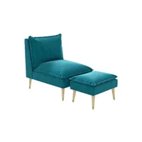 fauteuil de relaxation homcom fauteuil design scandinave grand confort - repose-pied inclus - piètement effilé incliné bois hévéa velours turquoise
