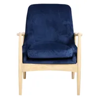 fauteuil velours bleu foncé pieds frêne naturel