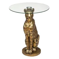 table à café d40cm en résine & verre trempé doré leopard