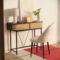 table console noire en bois avec tiroirs rotin tressé pieds métal daphne