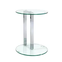 table d'appoint ronde avec plateaux en verre trempé transparent et structure en métal chromé et