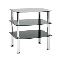 table d'appoint avec structure en métal inox et plateaux en verre trempé noir