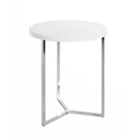 table d'appoint ronde avec structure en tube d'acier chromé et plateau en mdf décor blanc brillant