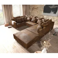 canapé-panoramique clovis marron look antique tabouret modulable avec accoudoirs