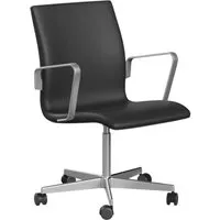 fritz hansen chaise de bureau oxford à roulettes 5 branches dossier bas - hauteur d'assise fixe - cuir noir - avec accoudoirs