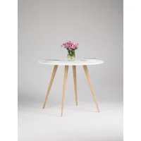 table à manger ronde, table de cuisine blanche, pieds en chêne massif, design scandinave