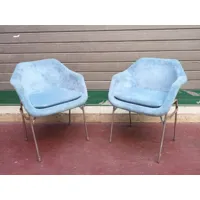 paire de fauteuils bleus, chaises vintage bleues, chromées des années 70, longues design d'appoint couloir, meubles salon
