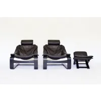 fauteuils lounge kroken en cuir noir et ottoman åke fribytter pour nelo möbel années 1970, ensemble de 3 meubles modernes scandinaves vintage du