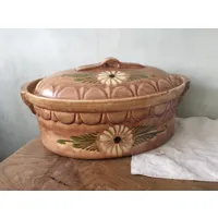 français vintage grande marmite ovale en céramique avec couvercle/poterie artisanale d'alsace grès glacé beige brun motif floral