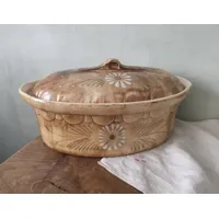 français vintage grande poêle à faitout ovale en céramique l'épreuve du four/poterie artisanale d'alsace grès glacé beige brun motif floral