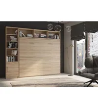 composition armoire lit horizontale strada-v2 mélaminé chêne couchage 160*200 avec surmeuble et 1 colonne bibliothèque