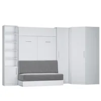 composition lit escamotable blanc mat dynamo sofa canapé  gris couchage 140 x 200 cm 2 colonnes rangement + angle
