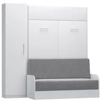 composition lit escamotable blanc mat dynamo sofa canapé accoudoirs blanc mat et gris colonne rangement 140*200