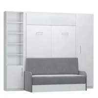 composition lit escamotable blanc mat dynamo sofa canapé + accoudoirs microfibre colonne armoire + bibliothèque 140*200