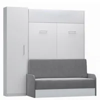 composition lit escamotable blanc mat dynamo sofa canapé + accoudoirs gris colonne rangement 140*200