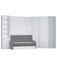 composition lit escamotable blanc mat dynamo sofa canapé + accoudoirs gris 2 colonnes + angle 140*200