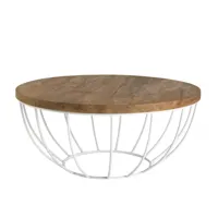table basse scandinave ronde en bois finition teck recyclé pied blanc