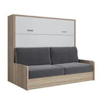 armoire lit transversale bora sofa avec canapé intégré couchage 140cm structure mélaminé chêne facade blanc
