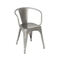 tolix - fauteuil empilable a en métal, acier inoxydable brut verni satiné couleur métal 51 x 73.5 cm designer jean pauchard made in design