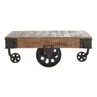 table basse industrielle à roulettes en bois de manguier massif et métal l130
