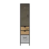 meuble colonne de salle de bains 1 porte 2 tiroirs en métal noir et gris anthracite et sapin