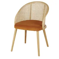 fauteuil de table en velours marron écureuil cannage en rotin coloris naturel