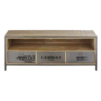 meuble tv style industriel 3 tiroirs en bois de manguier et métal gris anthracite