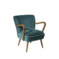 fauteuil vintage à accoudoirs en chêne et velours bleu canard