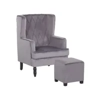fauteuil bergère en velours gris avec repose-pieds assorti