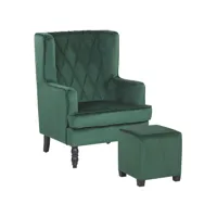 fauteuil bergère en velours vert avec repose-pieds assorti