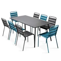 ensemble table de jardin et 8 chaises en métal gris et bleu pacific