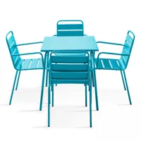 ensemble table de jardin carrée et 4 fauteuils acier bleu