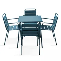 ensemble table de jardin carrée et 4 fauteuils acier bleu pacific