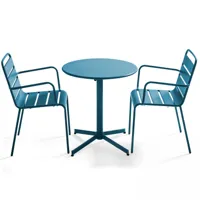 ensemble table de jardin et 2 fauteuils métal bleu pacific