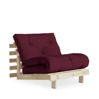 fauteuil convertible 90x200cm en bois naturel et tissu bordeaux
