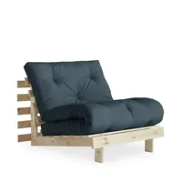 fauteuil convertible 90x200cm en bois naturel et tissu bleu pétrole