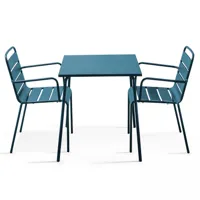 ensemble table de jardin carrée et 2 fauteuils acier bleu pacific