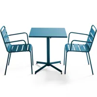 ensemble table de jardin carrée et 2 fauteuils métal bleu pacific