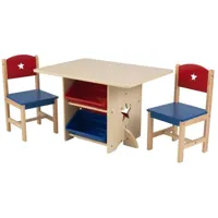 ensemble table avec 4 bacs de rangement et 2 chaises bleu et rouge