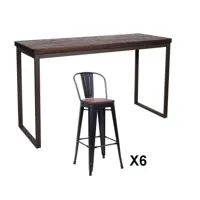 table et chaises hautes en bois massif foncé et acier gris l 180