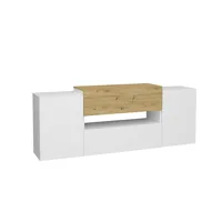 meuble tv 2 portes 2 tiroirs blanc brillant et chêne artisan - l182 cm