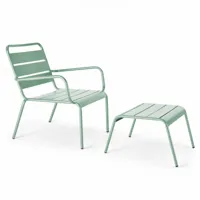 fauteuil relax et repose pied en métal vert sauge