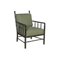 fauteuil colonial en bois laqué noir et tissu aspect lin vert kaki